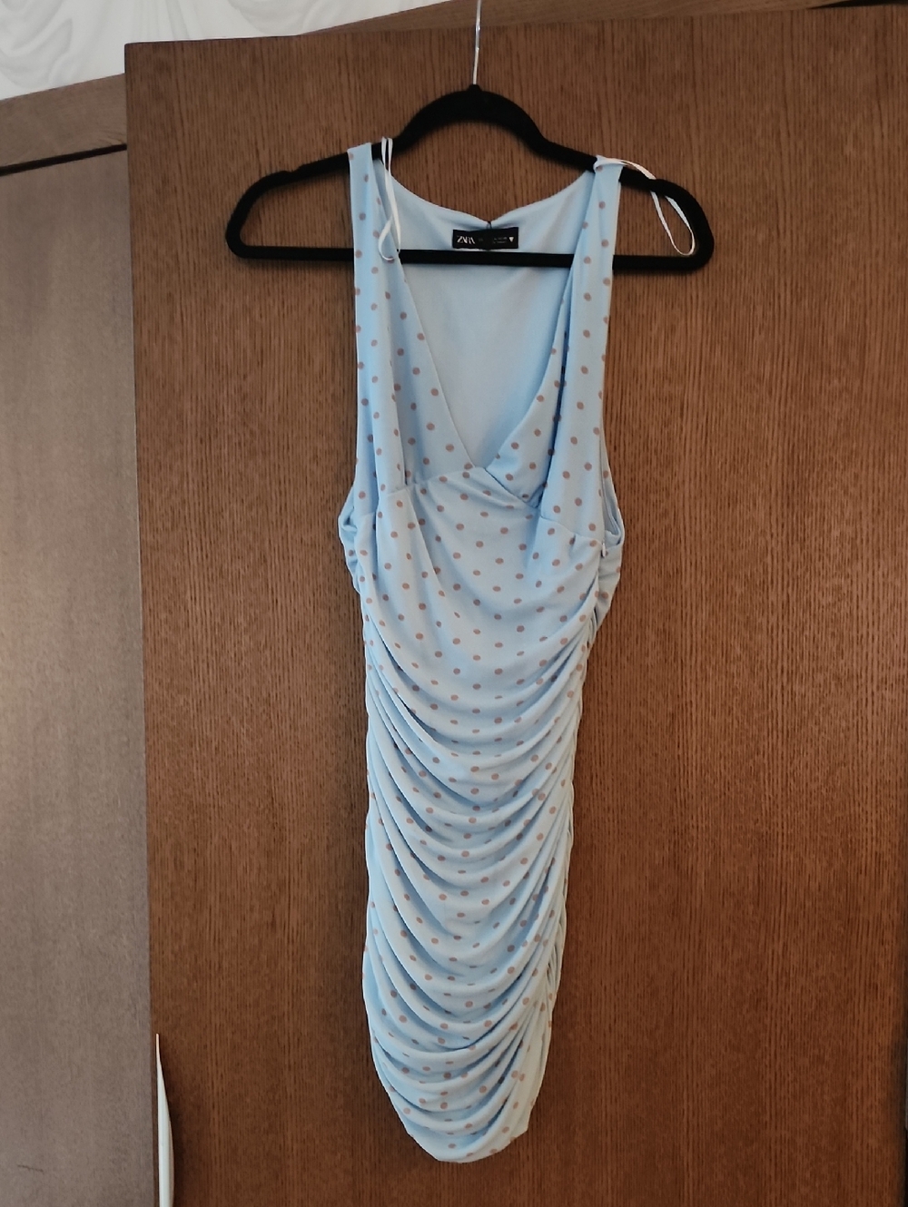 Zara Light Blue Polka Dot Ruched Sleeveless Dress